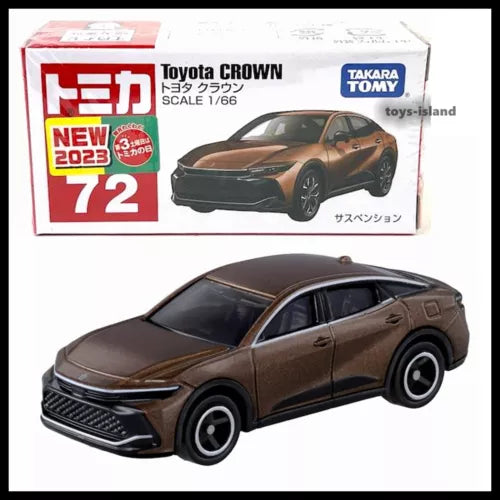 Diecast model toy car of Toyota Crown in box, brown sedan with black grille and wheels