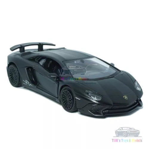 1:36 diecast sports model car, dark gray/black, front three-quarter view, kids toy
