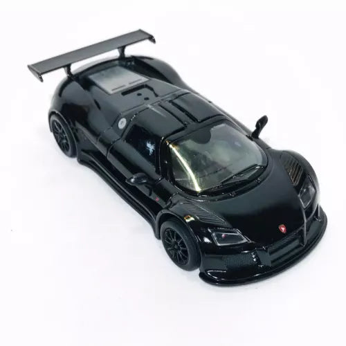 Diecast race car model with rear spoiler, black, 1:36 scale