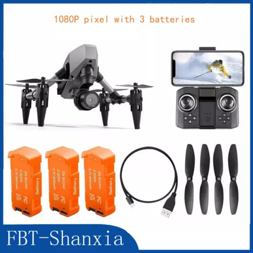 Mini dual-camera drone kit with orange batteries, cable, and 4 black propellers