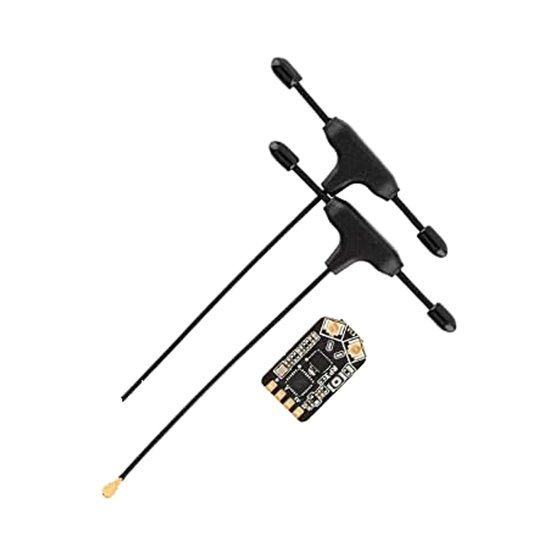 FPV receiver PCB with black antenna arms and UFL connector