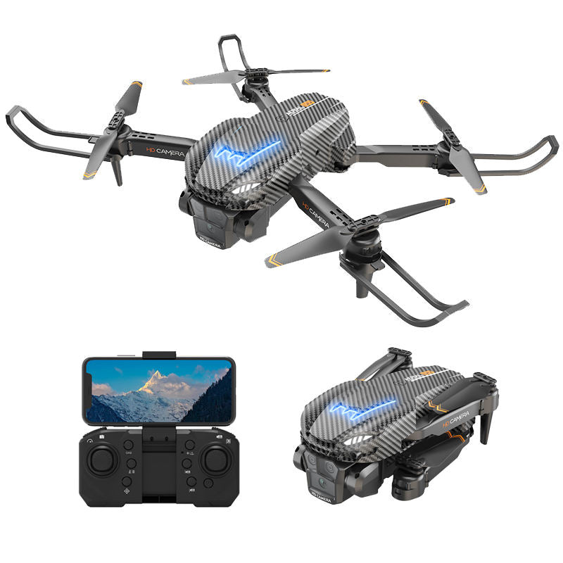 Mini quadcopter RC drone with four rotors, plus handheld controller with screen