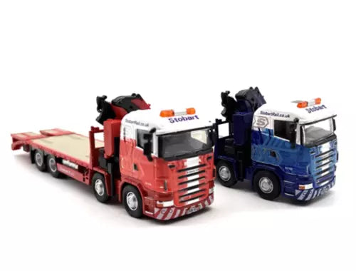 Diecast tow truck model set with red flatbed and blue cab, detailed grille and wheels