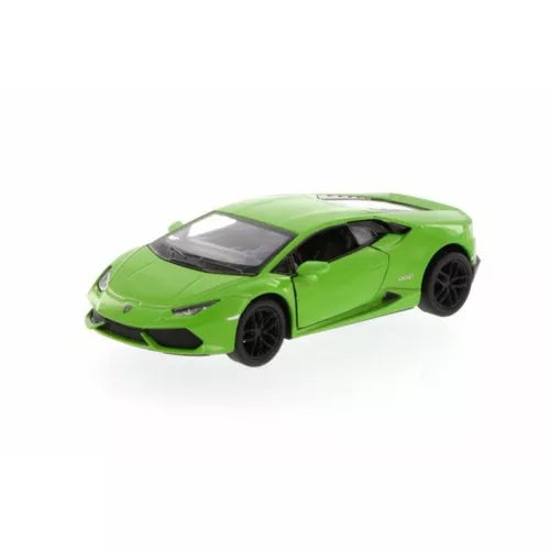 Green diecast sports car model with black wheels, side view