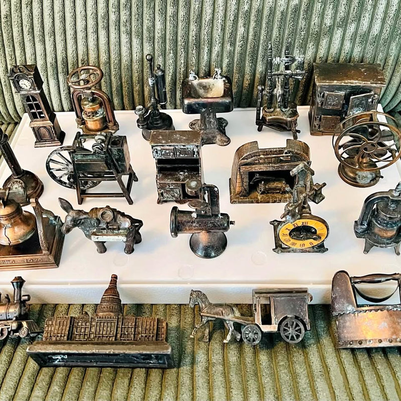 Vintage diecast dollhouse furniture miniatures assortment, dark metal pieces