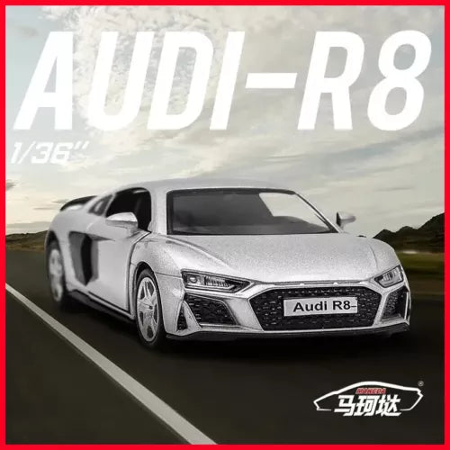 Silver Audi R8 diecast toy car model with front grille and headlights