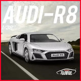 Silver Audi R8 diecast toy car model with front grille and headlights