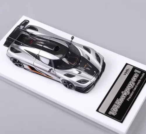 1:64 silver racing sports car diecast resin model with open black hood detail