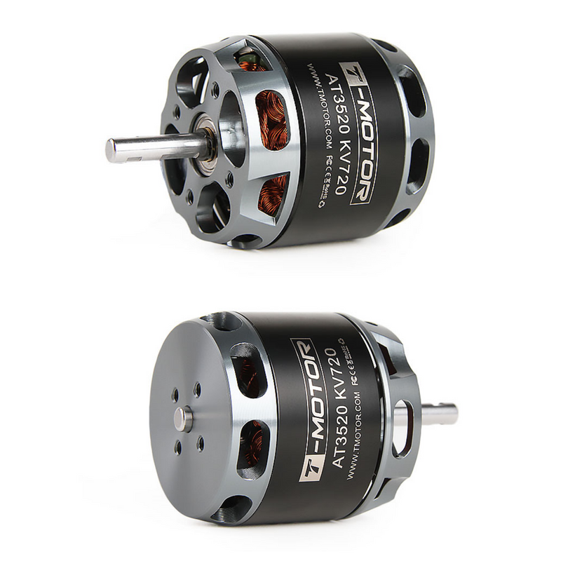 Long-shaft brushless DC drone motor with black housing, silver mounting plate, and metal output shaft