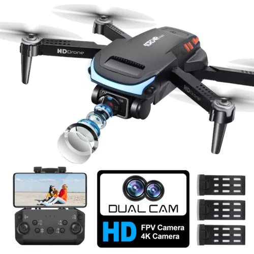 RC quadcopter drone with dual HD camera, propellers, and controller shown