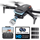 RC quadcopter drone with dual HD camera, propellers, and controller shown