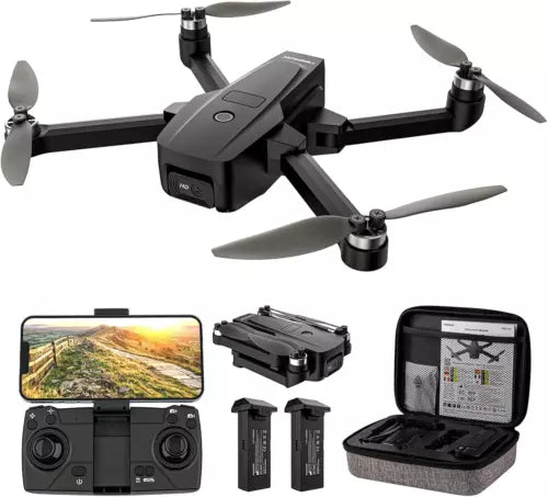 Black quadcopter drone with four propellers and handheld controller, compact case
