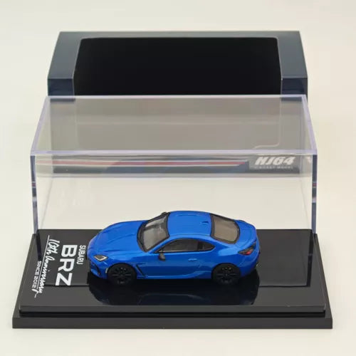 Blue Subaru BRZ 10th anniversary diecast model in clear display box
