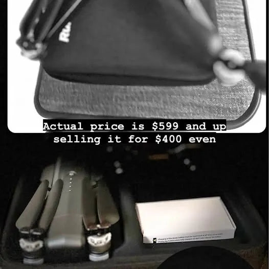 Folding drone with propellers and accessories in a storage case