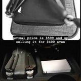 Folding drone with propellers and accessories in a storage case