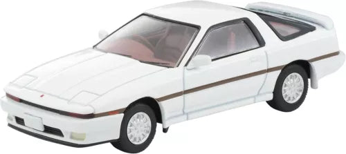 Tomica 1:64 Toyota Supra diecast model car in white, front-side 2-door view