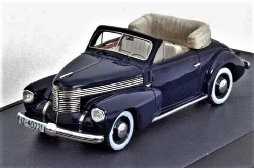 Dark blue Opel Kapitan convertible model car with beige soft top and chrome grille