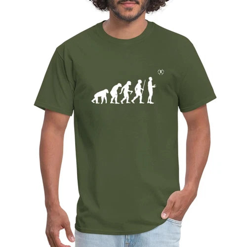 Men's olive green t-shirt with white evolution drone pilot graphic on chest