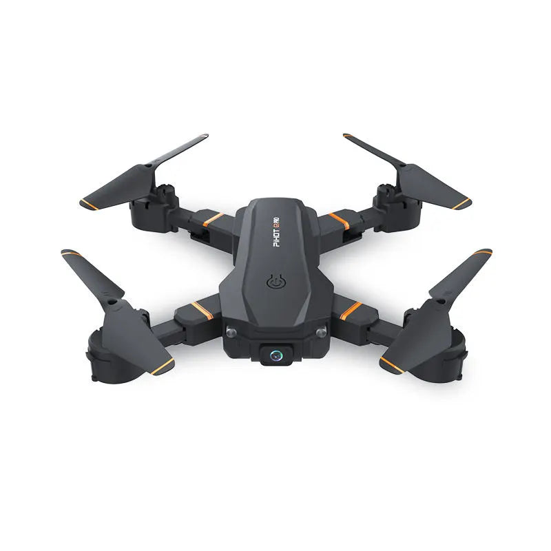 Black quadcopter camera drone with four folding propellers and front lens