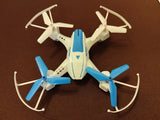 White and blue quadcopter drone with four propellers