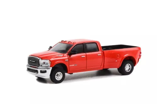 Red die-cast pickup truck with black hood and open bed, front three-quarter view