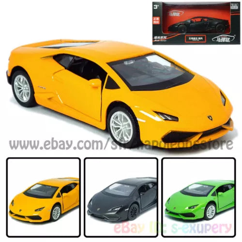 Yellow diecast coupe model car with black side intakes, front 3/4 view