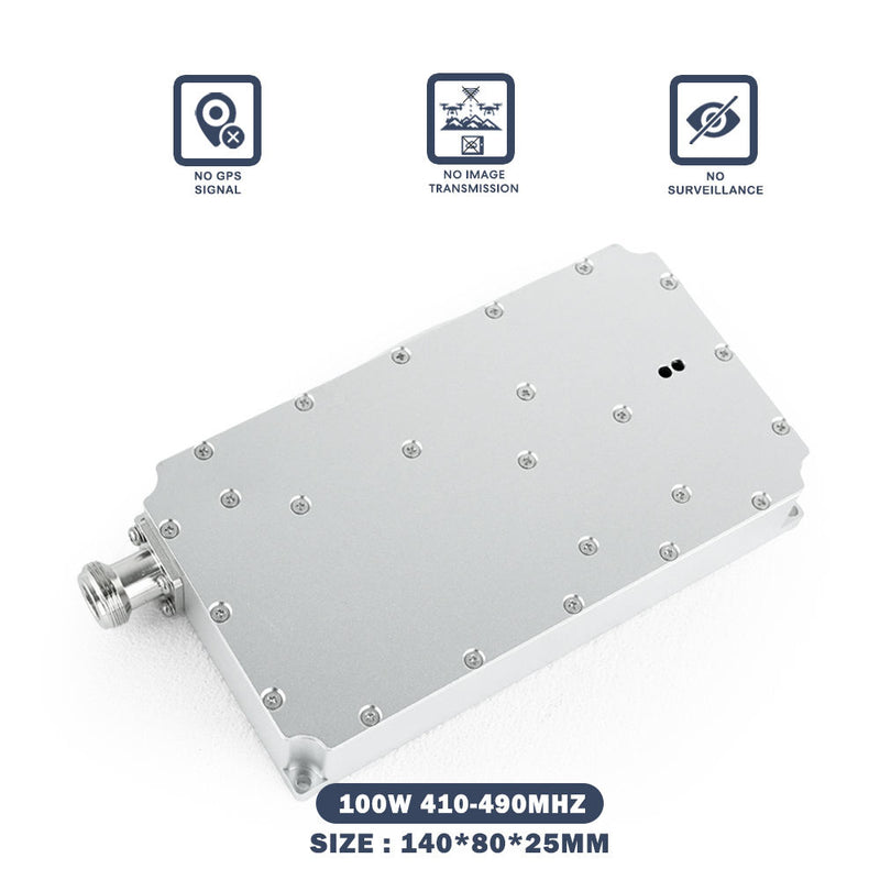 RF anti-drone power amplifier module, silver metal case with coax connector