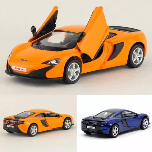1:36 scale orange sports car diecast with open doors, silver wheels