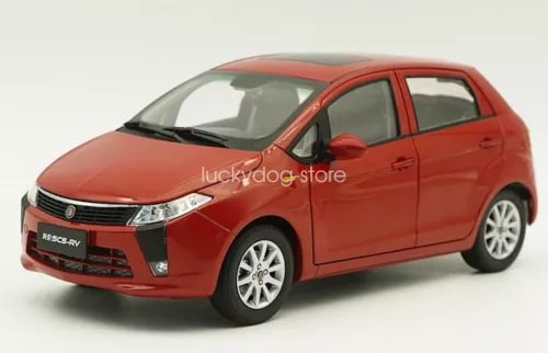 Red diecast car model toy, front three-quarter view, black grille and headlights