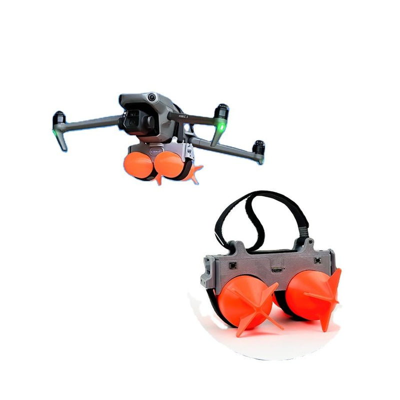 Rescue delivery drone with dual orange release pods and four propellers