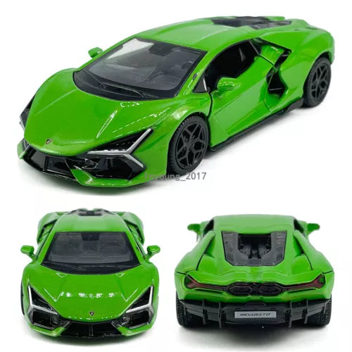 Green diecast Lamborghini Revuelto model car toy with black details, front and side view