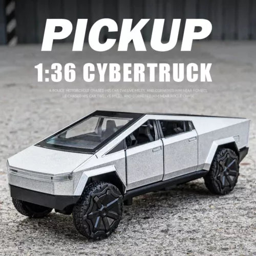 Die-cast toy pickup truck model with silver body and black wheels