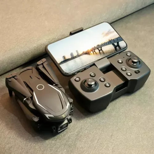Compact dark drone with dual cameras and remote controller with screen