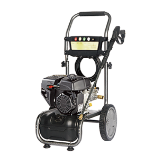 Gas high-pressure washer with black engine, wheel cart, handle, and pressure hose