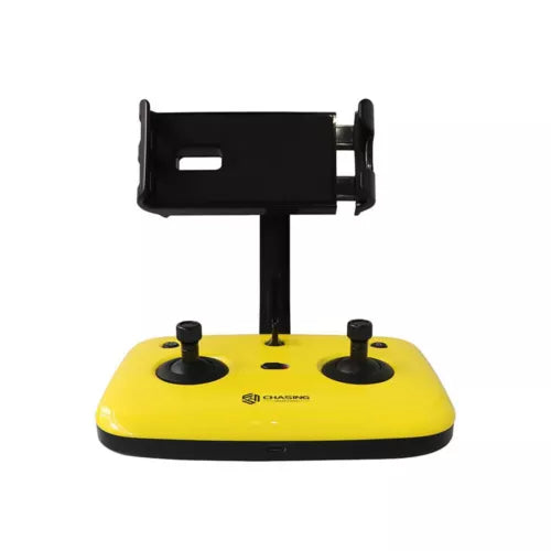 Yellow drone remote controller with black joysticks and fold-out phone holder