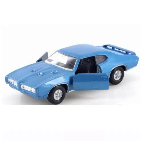 Blue diecast pull-back model car with black interior, front-left three-quarter view.