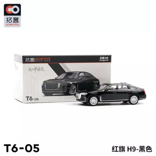HongQi H9 black diecast car model, 1/64 scale sedan toy on display