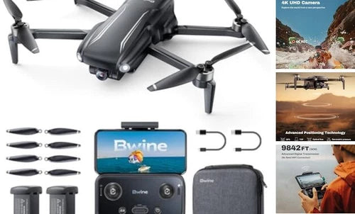 Compact gray quadcopter drone with 4 propellers, controller screen, and accessories set