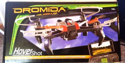 FPV quadcopter drone box with front camera module and quad rotor arms