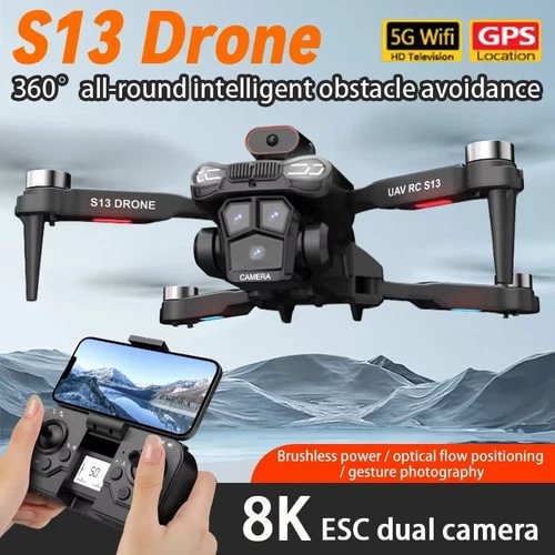 Quadcopter drone with front camera and dual-gimbal module, plus handheld controller