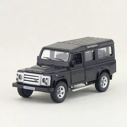1:36 scale black Land Rover Defender diecast toy car, detailed grille and silver wheels