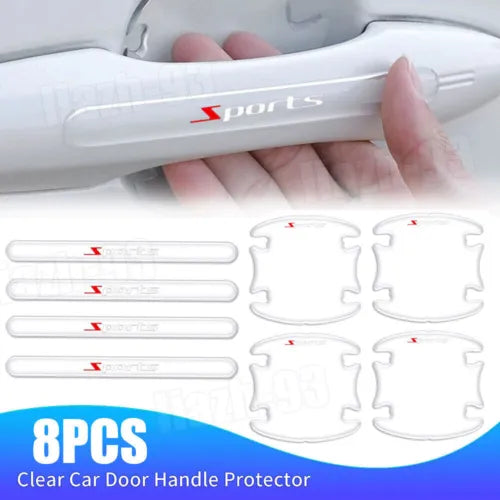 Clear car door handle protector set, 8 white pieces with red accents