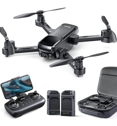 Folding quadcopter drone with 4K camera, remote controller, and phone mount