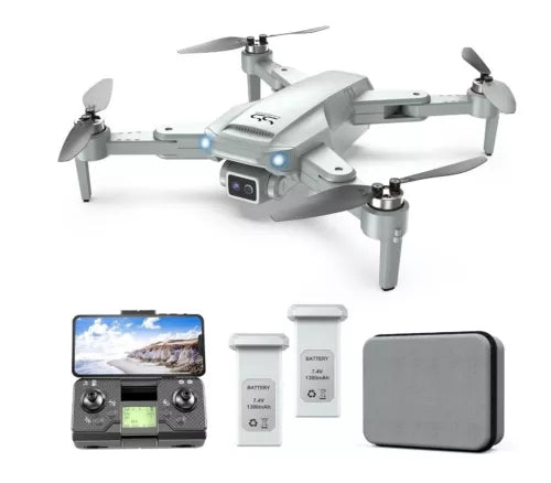 White and dark wireless rechargeable ready-to-fly drone with controller and battery pack