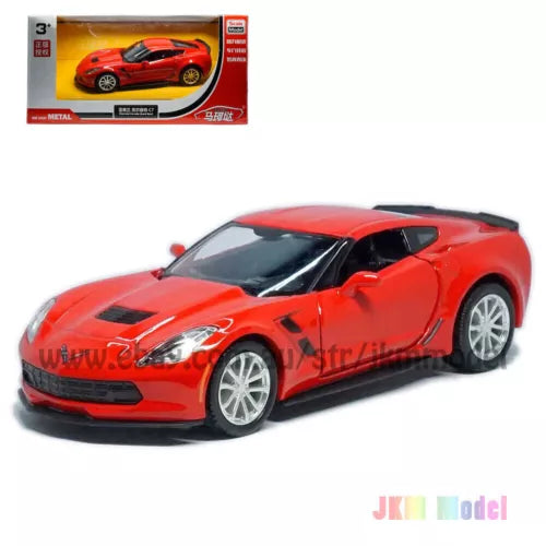 1:36 red Corvette Grand Sport C7 diecast model car, front 3/4 view