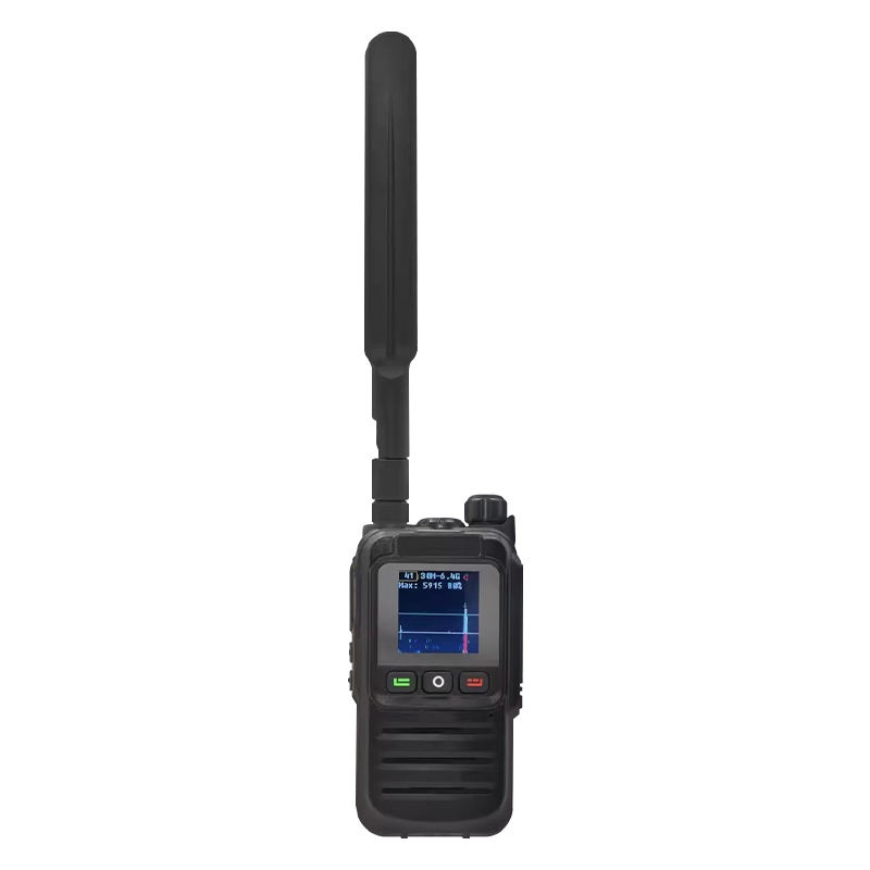 Handheld drone detector with extended antenna and small display screen