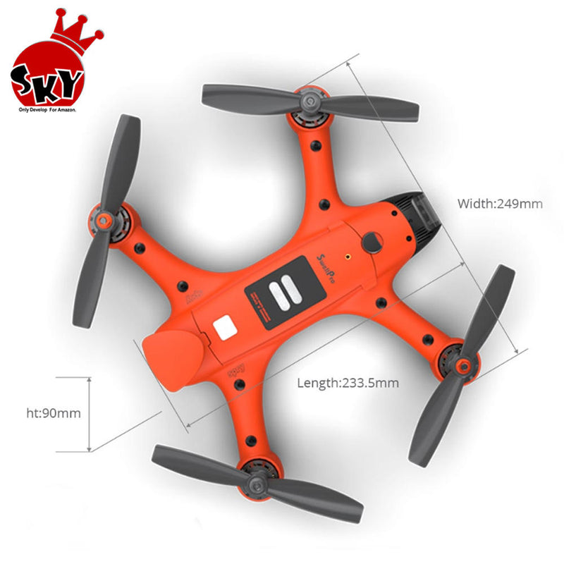Swellpro waterproof FPV drone with orange body and four black propellers