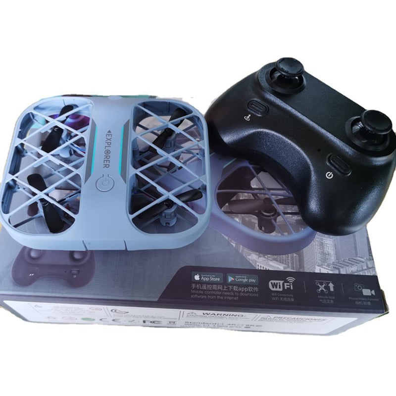 Mini UFO-style quadcopter drone with camera and black controller