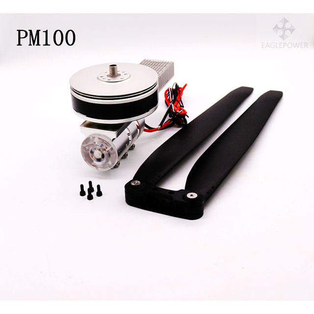 Brushless motor propulsion kit with carbon tube, black propeller blades, and mounting bracket