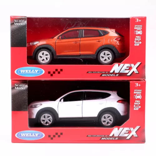 1/36 diecast pull-back car model set in retail box, orange and white vehicles